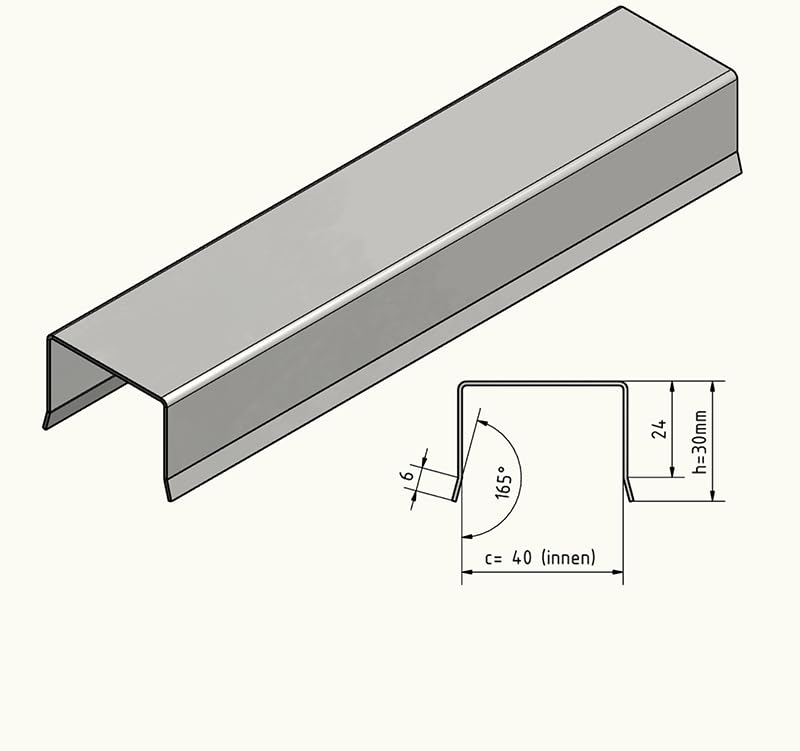 Edelstahl Zaun Abdeckprofil U-Profil Innen 40 mm 1.4301 Gebürstet Korn 320, 1,0mm (1800 mm)