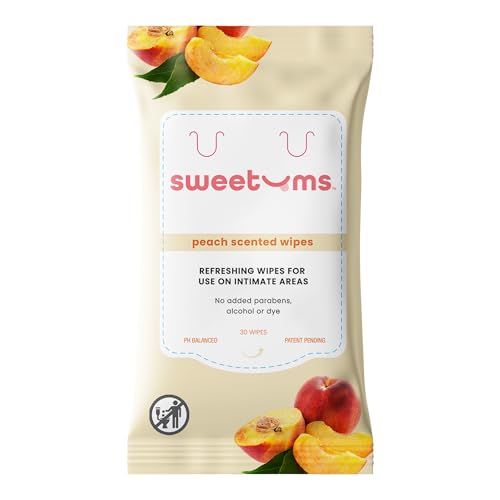 Sweetums Peach Scented Daily Feminine Wipes for Women pH Balanced Unflavored Intimate Wipes Water-Based Aloe-Infused Gentle on Sensitive Skin Vegan No Alcohol or Dyes Travel-Friendly - 30ct