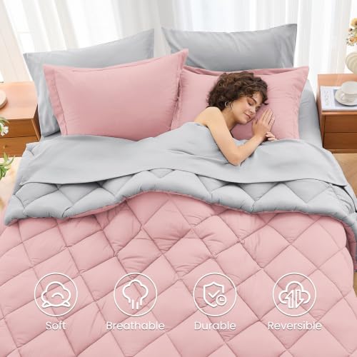 Twin Comforter Set 5 Pieces, Reversible Bed in a Bag, Pink/Light Grey - image 6
