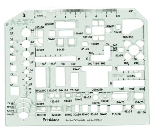 Printtoo Architect Template for House Plan & Interior Design Drawing, Furniture Layout Drafting Stencil with Ruler, Reusable 2mm Thick Plastic Tool for Kitchen Bedroom Bathroom Planning for Architects