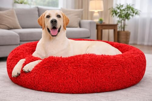 Image of ZEXSAZONE Summer Round Donut Pet Bed for Cats and Puppies Dogs, Cozy and Plush, Raised Bedside Support, Both Sides Use Like 2 in One, Washable Sizes for Small, Medium and Large Pets (Red Medium)
