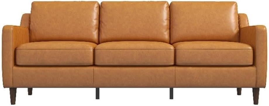 Pemberly Row Genuine Italian Leather Upholstered Sofa, Cognac Tan, 81 in Wide, Mid-Century Modern Design, High-Density Foam, Sturdy Solid Wood Frame, Comfortable 3-Seater for Living Room or Office