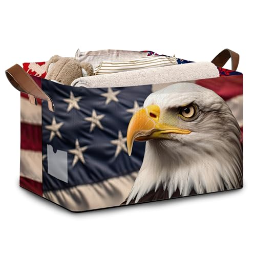 Eagle American Flag Storage Basket Large 17x11.5x10.5 Inches - Patriotic Collapsible Organizer Bin with Handles for Home,Closet,Toys - Foldable Decorative Hamper with USA Flag Design - Single Pack