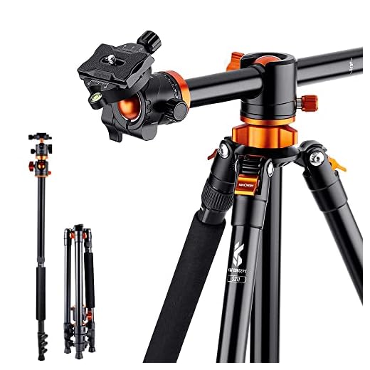 K&F Concept 72 Inch Camera Tripod, S211 Transverse Center Column Aluminium Professional DSLR Tripod with 360 Degree Ball Head,Quick Release Plate,Detachable Monopod 10kg Load for Travel and Work