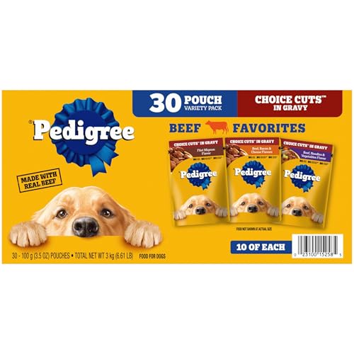Image of Pedigree Choice Cuts Wet Dog Food Pouch, Beef Favorites, 3.5 oz, 30 Count | Beef favorites, 100% complete & balanced, slow cooked, 50%+ water for hydration, 36 vitamins & minerals