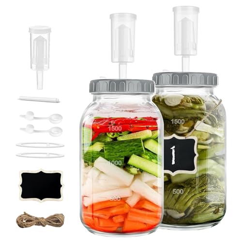 CAIEJSAEN 2 Stück Fermentationsglas 2L, Fermentierglas mit Deckel und Gewicht, Gärbehälter, Sauerkrauttopf zur Herstellung von Sauerkraut, Kimchi, Eingelegtem, alkoholischen Getränken usw