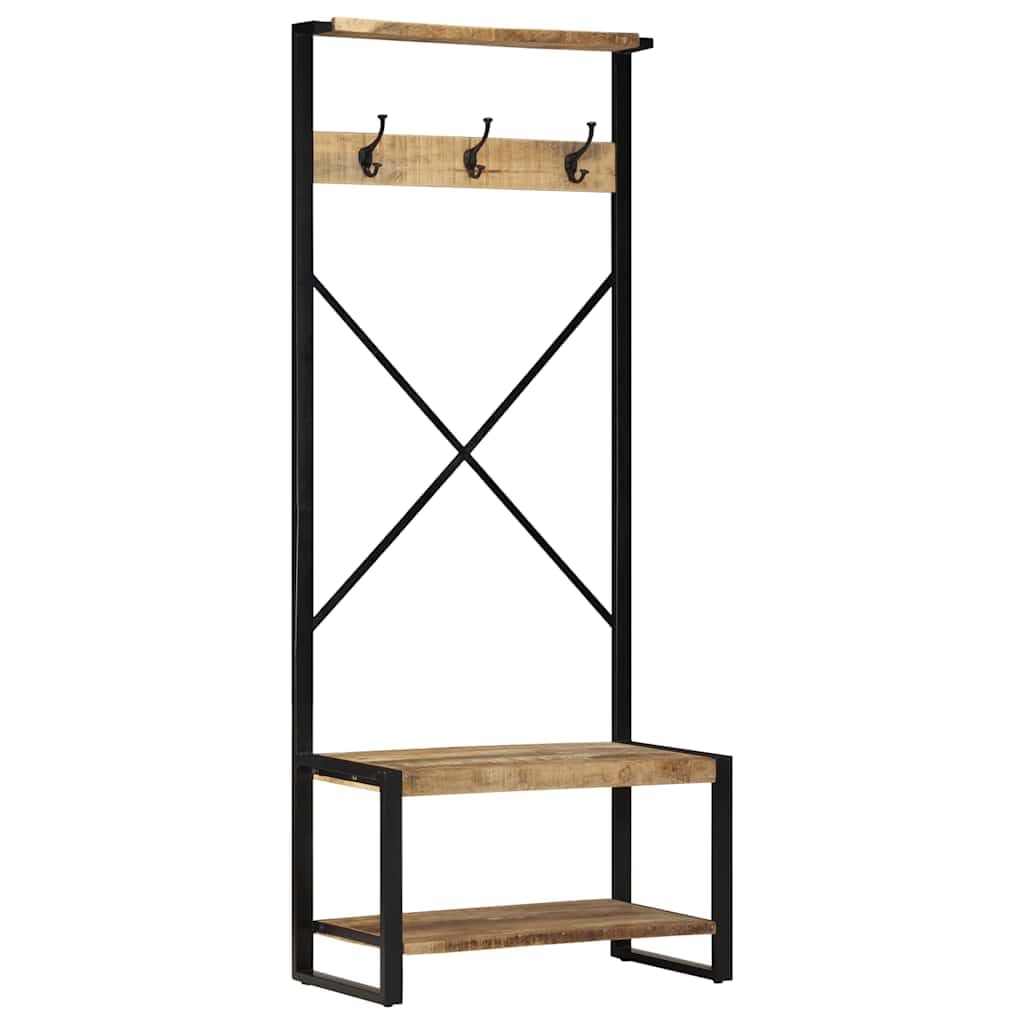 Solidny wieszak na ubrania z litego drewna z uchwytem 80 x 40 x 190 cm z wiszącym drążkiem, półką i 3 hakami do organizacji przestrzeni, solidna i funkcjonalna konstrukcja do wejścia, korytarza