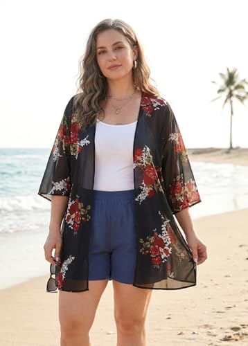 Image of Women's Floral Print Puff Sleeve Kimono Cardigan Loose Cover Up Casual Blouse Tops 2026