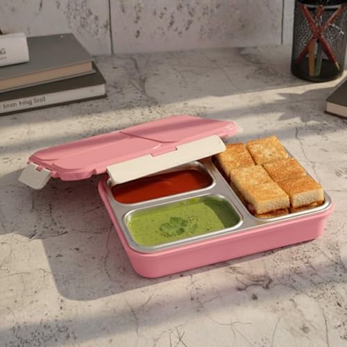 Image of Vinod GO-Tiffin Stainless Steel 3 Compartment Insulated Lunch Box | Pink | Leaf-Proof, Vacuum Sealed & Air Tight | Tiffin Box for Office, Kids & Adults | Freezer Safe | with Safety Lock