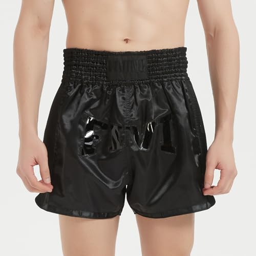 Muay Thai Shorts for Men Women Boxing Kickboxing Grappling Martial Arts Kickboxing Shorts MMA Fight Clothing Training Workout Trunks (US, Alpha, X-Large, Regular, Regular, Black)