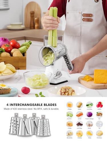 Image of GDL Upgraded Cheese Grater Shredder Hand Crank, Vegetable Slicer, 4 Blades | 18x Faster Cutting, Stronger Suction Base, No BPA, Stainless Steel Blade, Dishwasher Safe, For Cheese & Veggies & Nuts