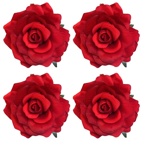 CutitiUU 4 Stück Rote Rose Blume Haarspange,große Rosen-Brosche,Gothic Rot Rosen Haarspangen,Rose Haarspange Elegante,Brosche Corsage Haar Kopf...