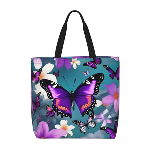 Sac fourre-tout femme avec imprimé papillon fleurs violets fermeture éclair