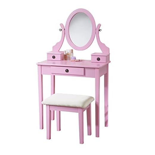 Roundhill Furniture Moniys Moniya Pink Wood Makeup Vanity Table and Stool Set