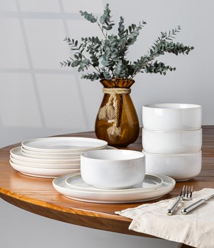 Image of TheTerra Ceramic Dinnerware Sets for 4, 12 Pieces Handmade Reactive Glaze Plates and Bowls Set, Scratch Resistant Dish Set, Oven & Microwave & Dishwasher Safe, Star White