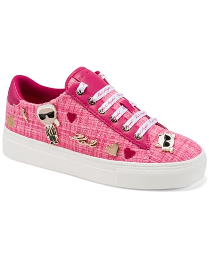 KARL LAGERFELD Women's Cate Pins Tweed Lace up Sneaker, Pink/Hot Pink, 7