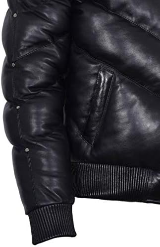 Men's Puffer Leather Jacket Black with White Collar WARM Bomber Real Napa LEATHER Jacket Ace Puffer
