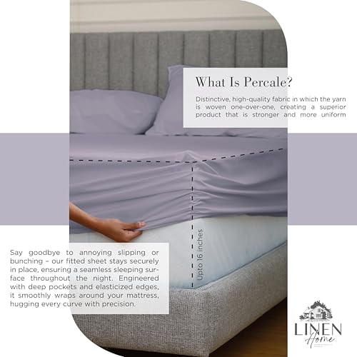 Image of Linen Home 100% Cotton Percale Sheets Twin XL Size, Prelude Purple, Deep Pocket, 3 Pieces Set- 1 Flat, 1 Fitted and 1 Pillowcase, Crisp Cool and Long Staple Strong Bed Linen
