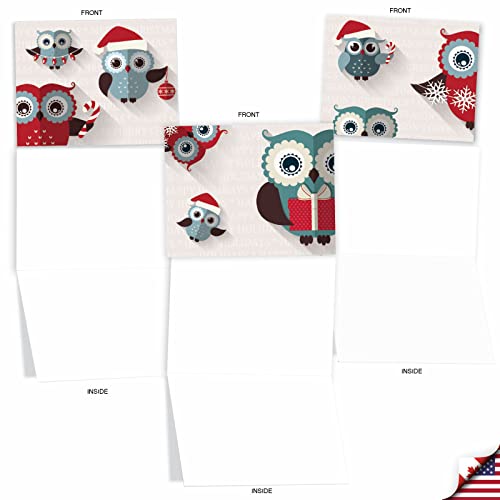 Image of The Best Card Company - 10 Blank Merry Christmas Note Cards (4 x 5.12 Inch) - Boxed Holiday Notecards with Envelopes - Happy Owlidays M3947