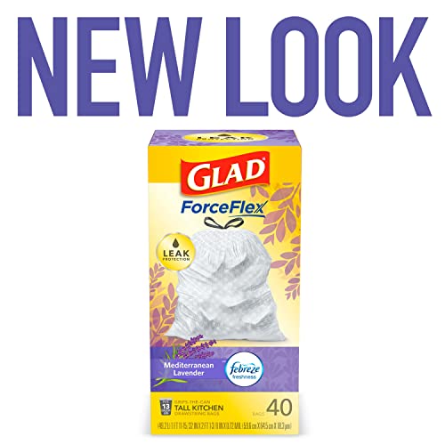 Image of Glad Trash Bags, ForceFlex Tall Drawstring Garbage Bags, 13 Gallon White Trash Bags for Tall Kitchen Trash Can, Mediterranean Lavender with Febreze Freshness to Eliminate Odors, 40 Count (Pack of 2)