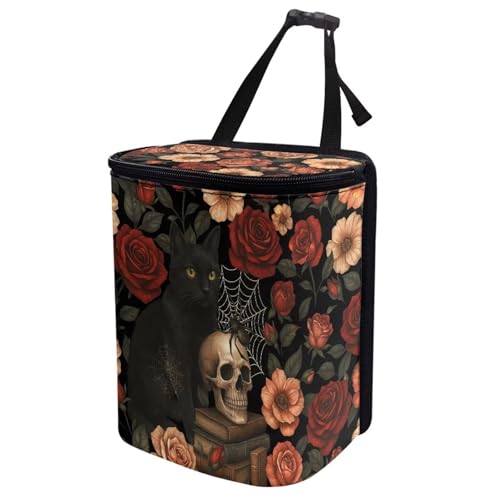 Image of Talayituse Cat Skull Spider Web Rose Flower Print Car Trash Can with Adjustable Straps, Car Trash Bag Bin Car Garbage Bag Multipurpose Storage Box Halloween Decor for Vehicle Travel Camping Picnicing
