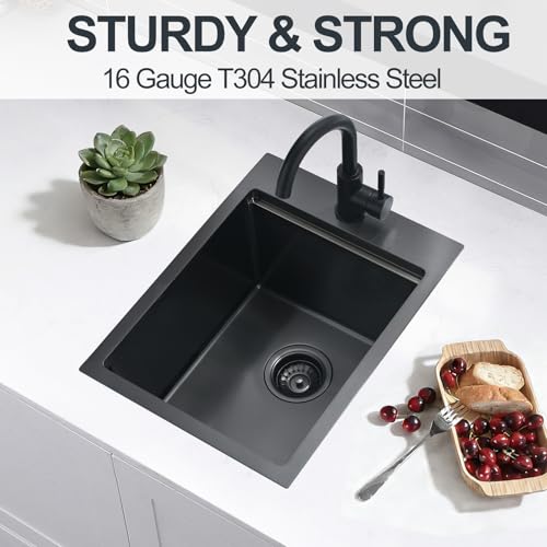 Black Drop In Bar Sink, Gabhar 16Gauge 15x20 Inch Black Drop In Workstation Small Kitchen Bar Sinks With Cutting Board