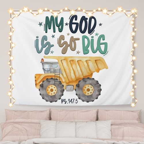 AQYIP Christian Nursery Tapestry Wall Hanging, Construction Decor for Boys Room Tapestry Decorative, My God is So Big Bible Verse Wall Blanket Decor for Kids Toddler Nursery Room Playroom, 50x60 Inch