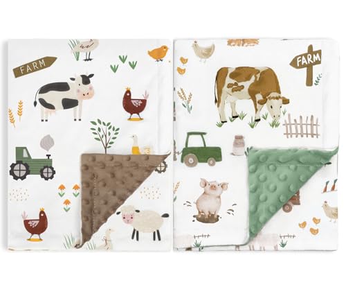 Image of HOMRITAR 2 Pack Minky Baby Blanket for Boys Girls with Double Layer Dotted Backing, Cute Farm Cow Animals 30 x 40 Inch