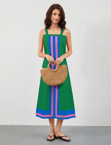 Image of calbatic Women Color Block Sleeveless Striped Maxi Dress Square Neck Backless Casual Flowy Summer Dress Small Green