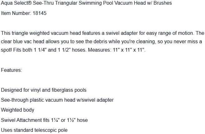 Replacement for Aqua Select See-Thru Triangular Swimming Pool Vacuum Head w/Brushes OEM