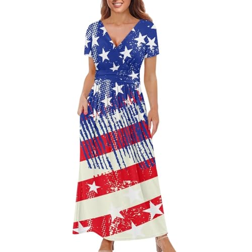 Image of Women's Fall Summer Short Sleeve Ankle Length V-Neck Party Dress with Pockets Size S-3XL