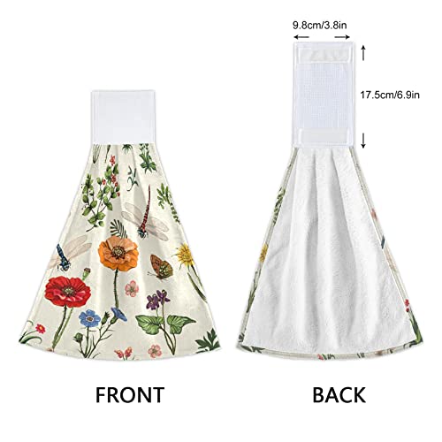 2Pcs Summer Flowers Dragonfly Hanging Kitchen Towel Botanical Leaves Floral Hand Towels Soft Coral Velvet Loop Dish Towel For Bathroom Washcloth Absorbent Tie Towel #TOP3
