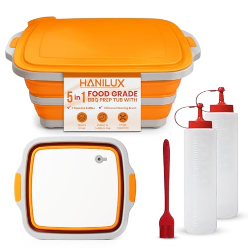 Collapsible BBQ Prep Tub With Cutting Board , (8L) Meat prep Tub, Marinade Container, Multi-Function Grill Caddy W/Bulit-In Colander & Lid, 2 Squeeze Bottles1 Silicone Brush for Picnic- Camping-