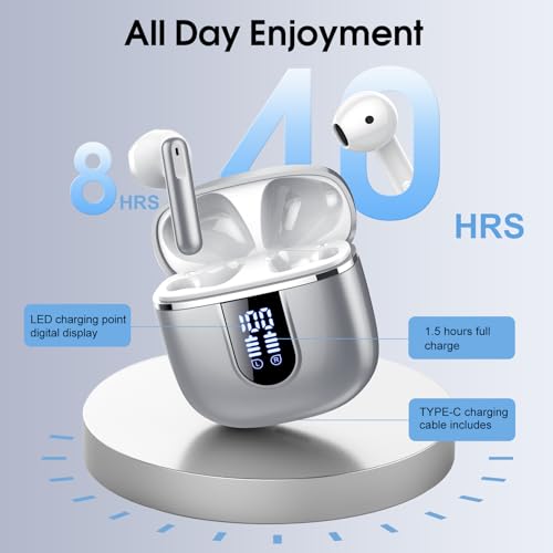 Wireless Earbuds, Bluetooth Ear Buds 5.4 Mini HiFi Stereo with 4 ENC Noise Cancelling Mics Wireless Headphones, 40H in Ear Earphones, USB C, IP7 Waterproof Bluetooth Headphones for Sports, Silver by Cillso - Image 4