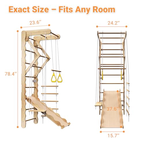 Image of 5-in-1 Wooden Indoor Jungle Gym for Kids, Wall-Mounted Swedish Ladder with Pull-Up Bar, Rings, Swing, and Slide - Montessori-Inspired Kids Playset for Fun & Development, Ages 3-8