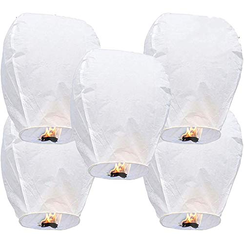 CRTO Paquete de 20 farolillos Chinos Blancos, farolillos navideños ecológicos, año Nuevo, año Nuevo Lunar, 100% Biodegradable, farolillos celestes de Regalo, Color Blanco