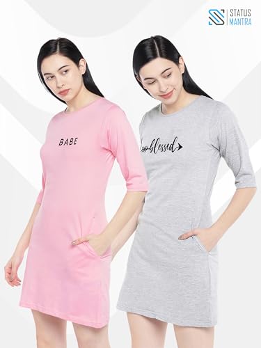 Image of STATUS MANTRA Long T-Shirt Dress for Women - Cotton Knee Length T Shirt Top | 3 /4th Sleeves, Soft Bio-Washed Fabric | Stylish Regular Fit Crew Neck