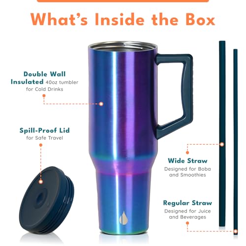 Image of Elemental Spill Proof 40oz Insulated Tumbler with Handle & Straw Travel Mug | Stainless Steel Commuter Travel Coffee Mug for Cold Beverages, Includes 2 Straws & a Spill Proof Lid for Everyday Use