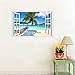 Rajahubri Beach Seascape Window Wall Sticker Palm Tree and Hammock Fake Window Wall Decals Removable Tropical Sea Window View Wall Stickers Decal for Living Room