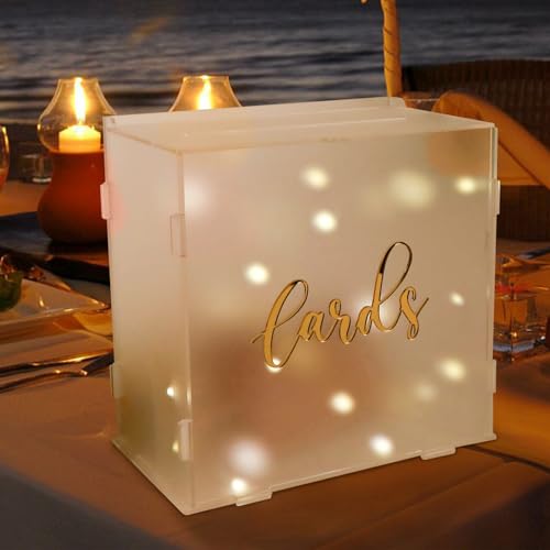 Image of OurWarm Acrylic Wedding Card Box with String Light, Frosted Gift Card Box for Wedding Decorations for Reception, Money Box for Bridal Shower Decorations Party Reception Anniversary