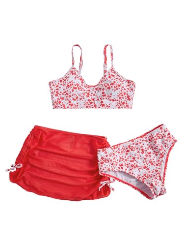 Image of COZYEASE Girls' 3 Piece Set Floral Print Bikini Swimsuit with Drawstring Beach Skirt Cute Ruched Bathing Suit