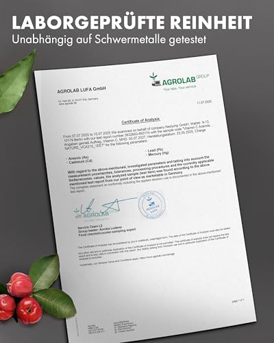 NATURE ELEGANCE Natürliches Vitamin C aus Acerola – Hochdosiert & vegan – 180 Kapseln für 6 Monate – Ohne Zusätze – Gepuffert & gut verträglich – Vitamin C hochdosiert in Deutschland produziert