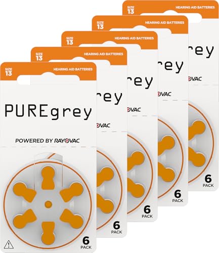 PUREgrey - Pilas para audífonos tipo 10 – 30 unidades para audífonos diseñados para el máximo rendimiento – Pack de 5 blísteres de 6 pilas para audífonos – Código de color amarillo PR48 1,45 V