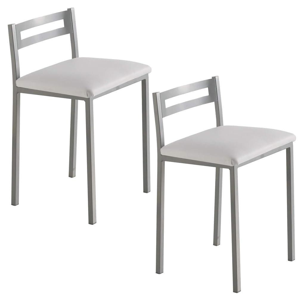 MOMMAHOME Kitchen Stools – Pack of 2 Kitchen Stools, Benches, Bar Stool, Material Metal/Ecoleather, MOLI, Measures 34 x 34 x 65 cm (White and Silver)