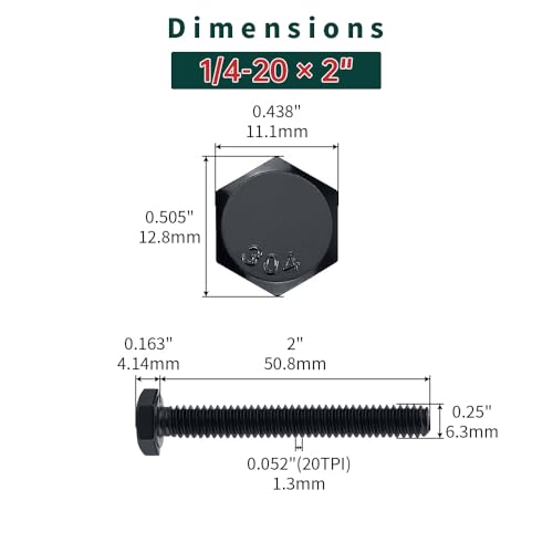 Image of 1 /4-20 x 2 Hex Bolts with Nuts and Washers (10 Sets), 18-8 (304) Stainless Steel, External Hex Drive, Black Oxide Coated Hexagon Head Bolts Screws, Fayeploo