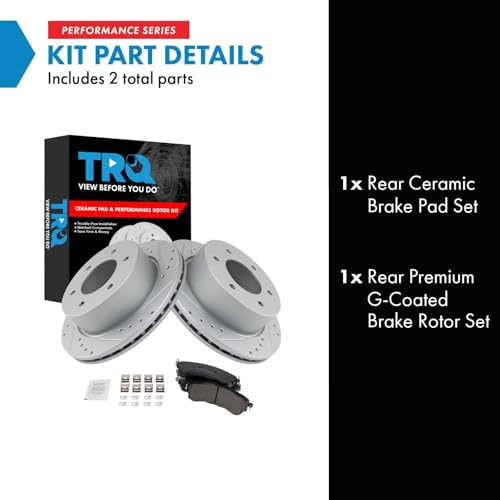 Image of TRQ Performance Rear Brake Pad and Rotor Set Ceramic Coated Drilled Slotted Rotors Compatible with 2019-2021 Ford Ranger