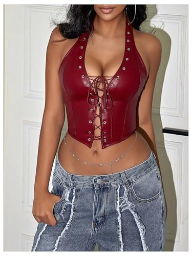 WDIRARA Women's Punk PU Leather Halter Top Grommet Eyelet Tie Front Corset Crop Top4