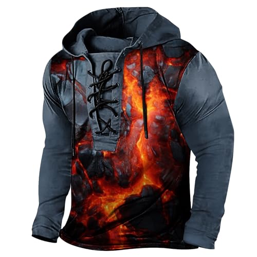 Mens Casual Sweatshirts Hooded Long Sleeve Retro Printed Plaid Distressed Hoodies Lace Up Spring Street Outdoor Top