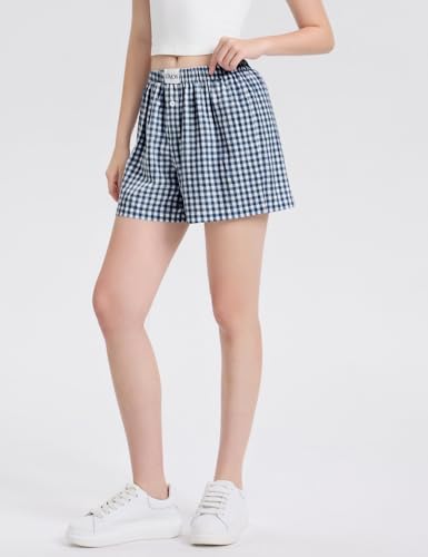 Image of LOMON Womens Boxer Shorts Casual Summer 2026 Pajama Lounge Sleep Pj Gingham Plaid Shorts Y2K Beach Bottoms
