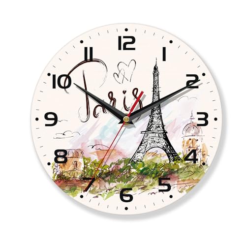 Wall Clocks,Eiffel Tower Paris 10 Inch Wall Clock,Summer Small Battery Operated Wall Clocks Decorative for Kitchen/Living Room/Bedroom/Bathroom/Dining Room